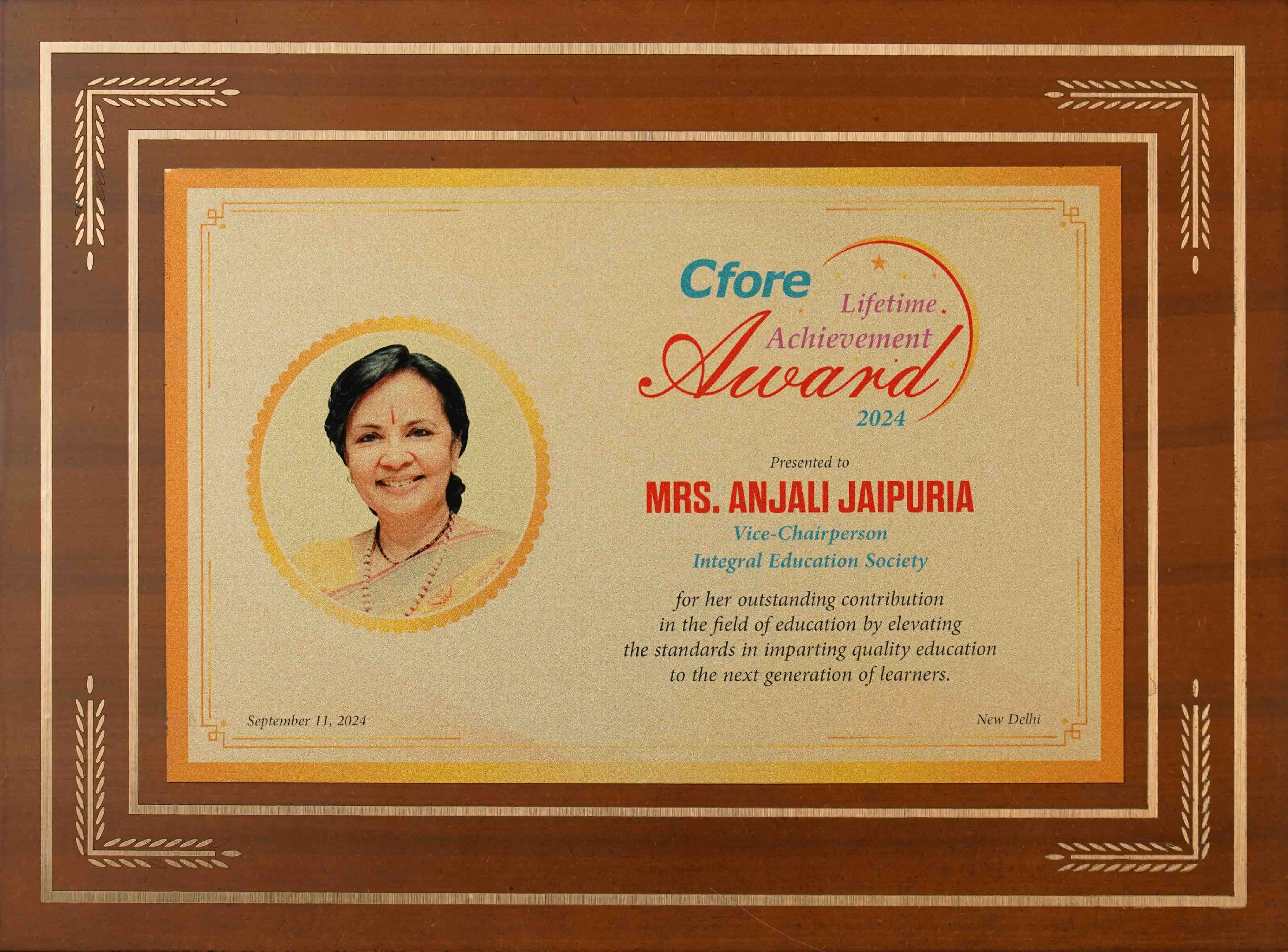 Cfore Lifetime Achievement Award 2024 presented to Mrs. Anjali Jaipuria