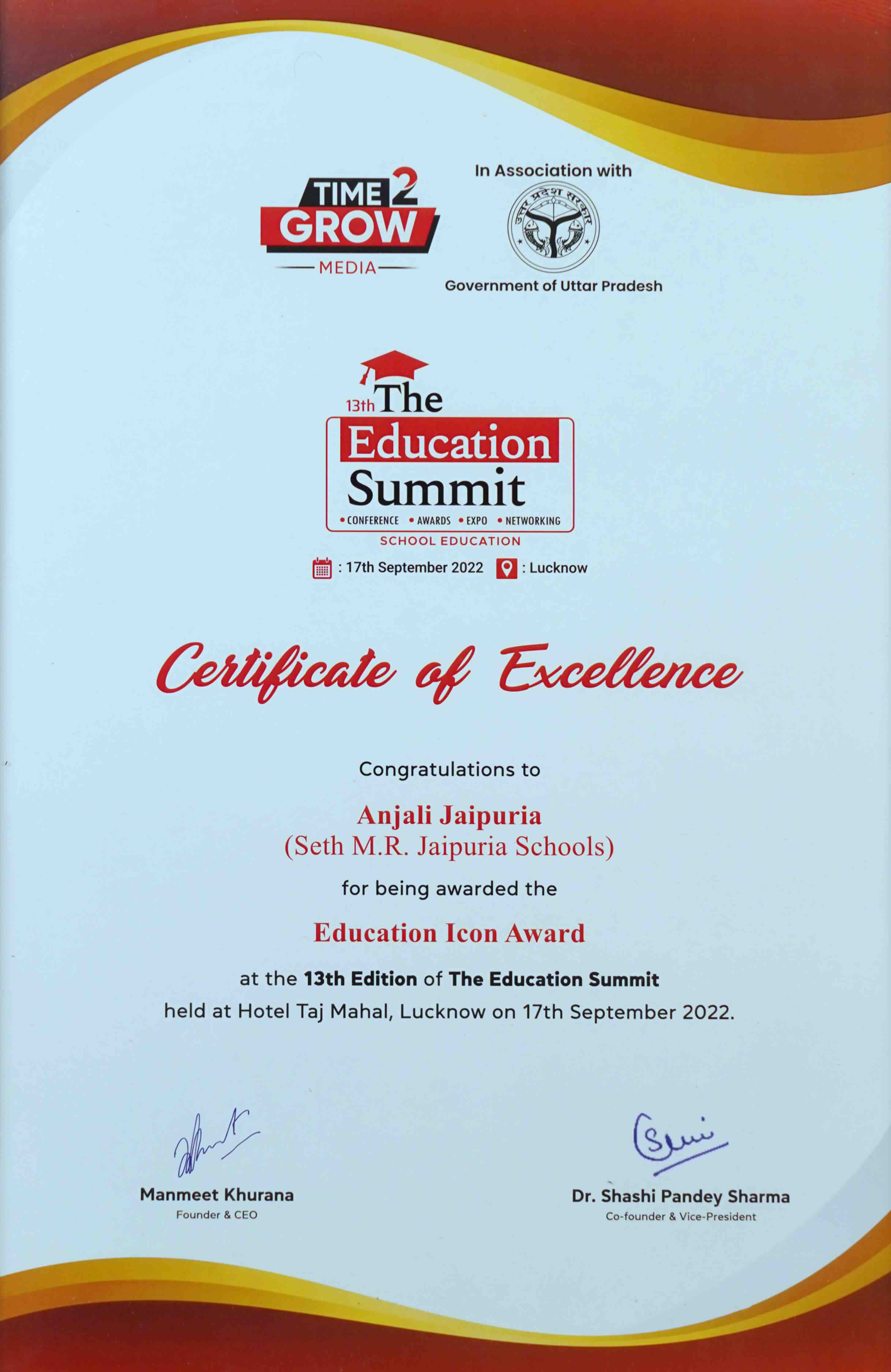 Certificate of Excellence — Education Icon Award presented to Anjali Jaipuria at the 13th Education Summit, Lucknow, 2022